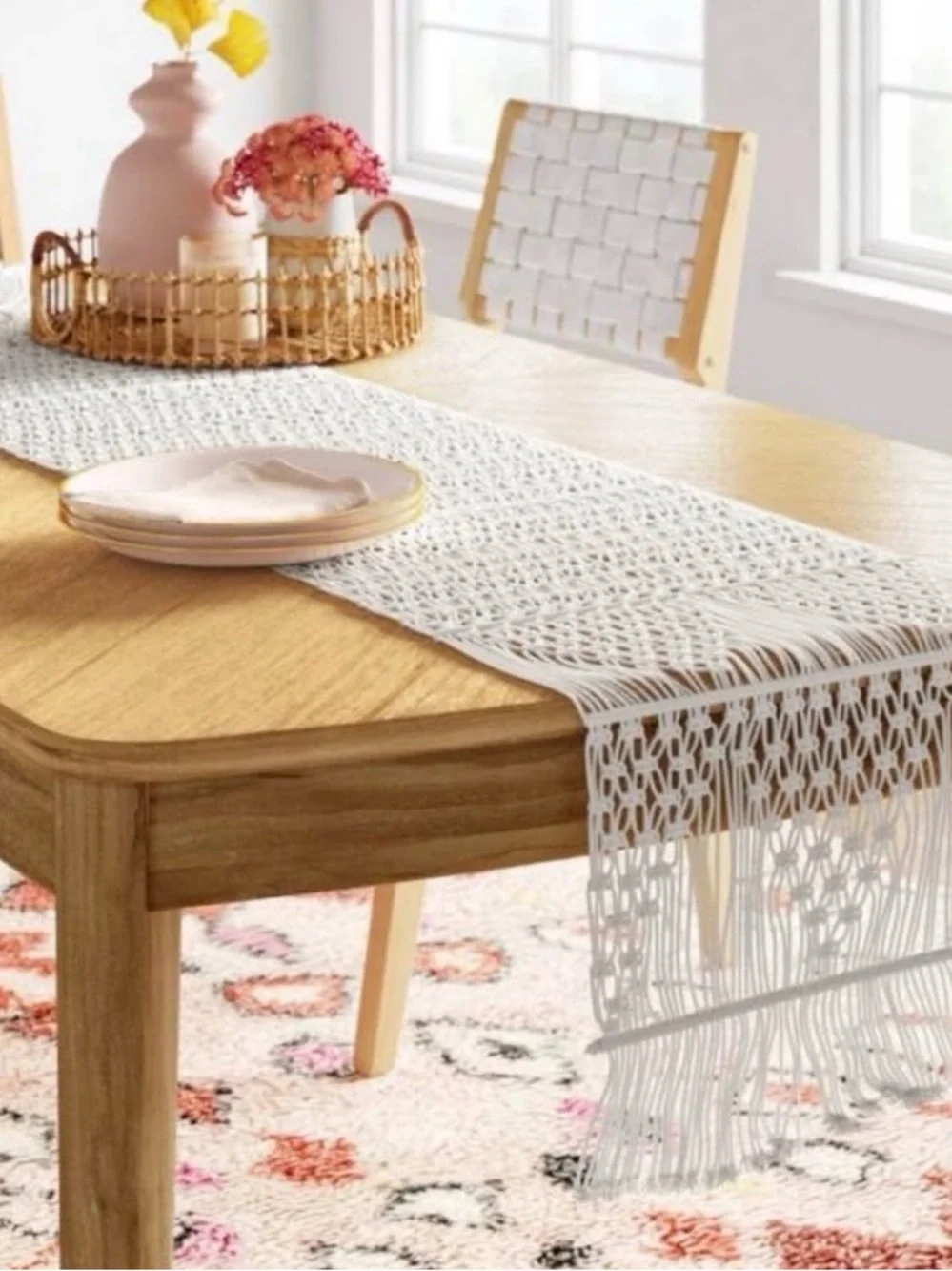 Cotton Macrame Runner White Threshold Geometric Bohemian Tablecloth